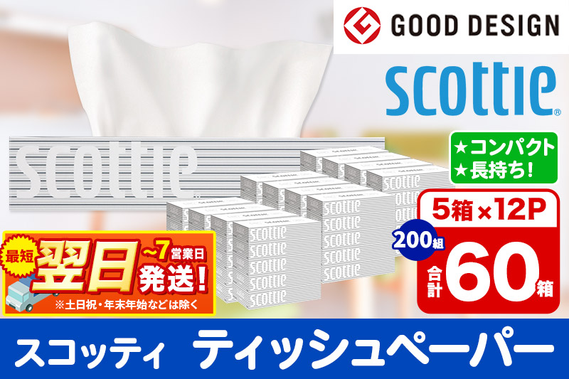 ティッシュペーパー スコッティ 200組 60箱(5箱×12パック) ティッシュ 日用品 最短翌日発送