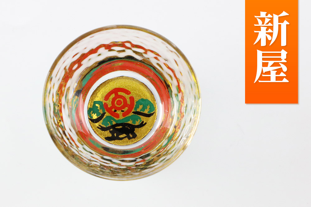 川連蒔絵ガラスぐい呑ペアセット【竿燈柄・新屋「松に百三段」】2個セット