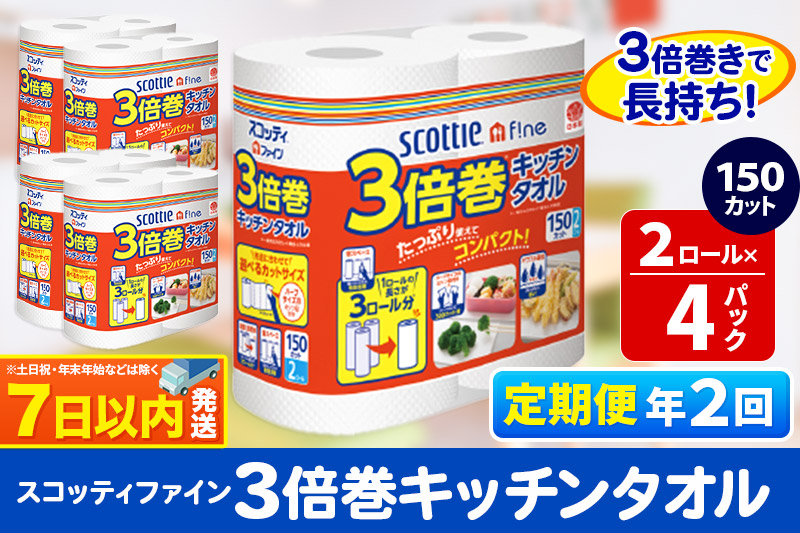 《6ヶ月ごとに2回お届け》定期便 キッチンペーパー スコッティ ファイン 3倍巻キッチンタオル 150カット 2ロール×4パック レビューキャンペーン中 秋田市オリジナル