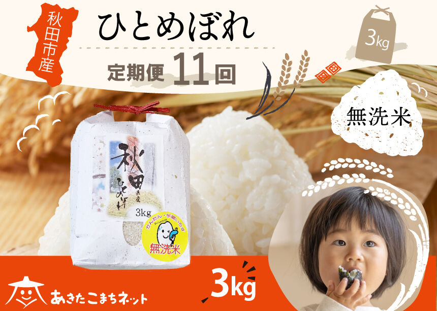 《定期便11ヶ月》ひとめぼれ 3kg 【無洗米】秋田市産 [秋田県産 ひとめぼれ お米 精米 定期便 3kg 3キロ]