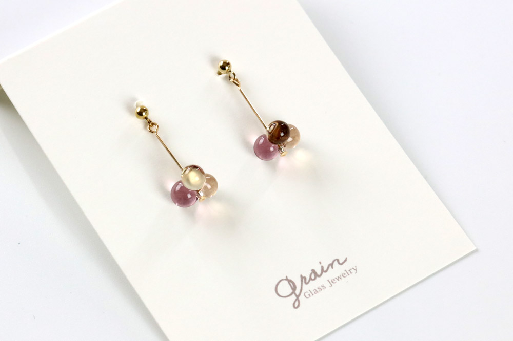 3tenピアス 【パープルmix】ガラスジュエリー Glass Jewelry grain アクセサリー 秋田