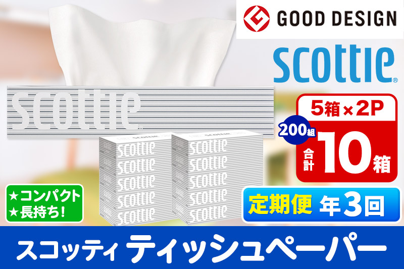 《4ヶ月ごとに3回お届け》定期便 ティッシュペーパー スコッティ 200組 10箱(5箱×2パック) ティッシュ 秋田市オリジナル【レビューキャンペーン中】