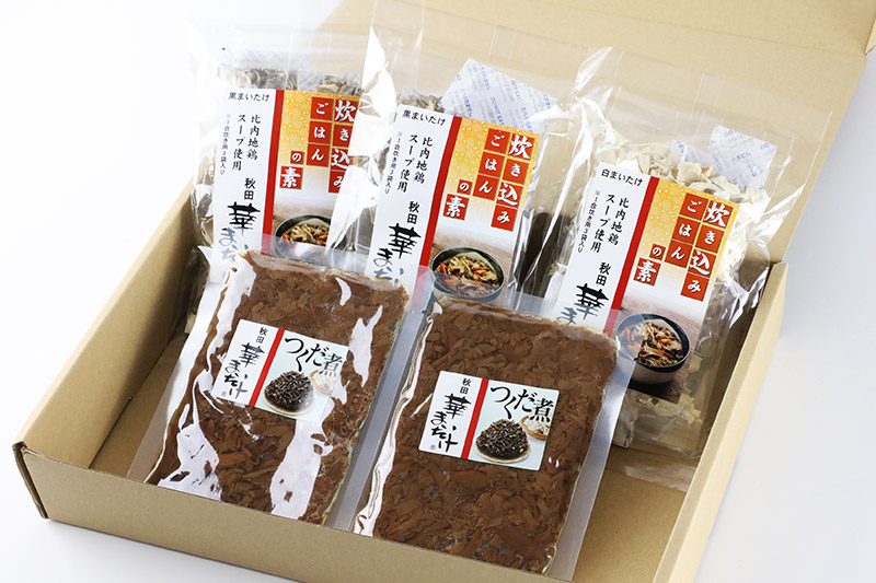 秋田華まいたけ 炊き込みご飯の素 黒×2パック 炊き込みご飯の素 白×1パック まいたけの佃煮×2パック 加工品詰め合わせ 舞茸