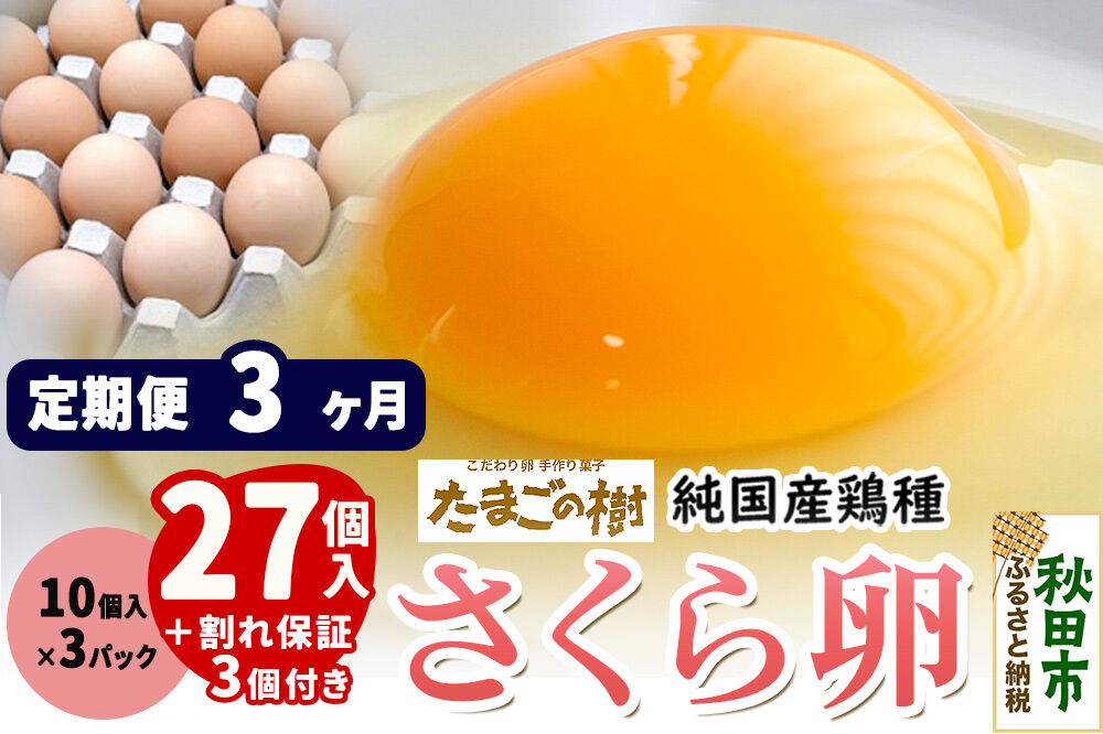 《定期便3ヶ月》 たまごの樹 純国産鶏種 卵『さくら』27個+割れ保証3個付き（10個入×3パック） [たまご タマゴ 玉子 鶏卵 まとめ買い オムレツ 卵かけご飯 朝食 料理 美味しい 瀧田養鶏場]