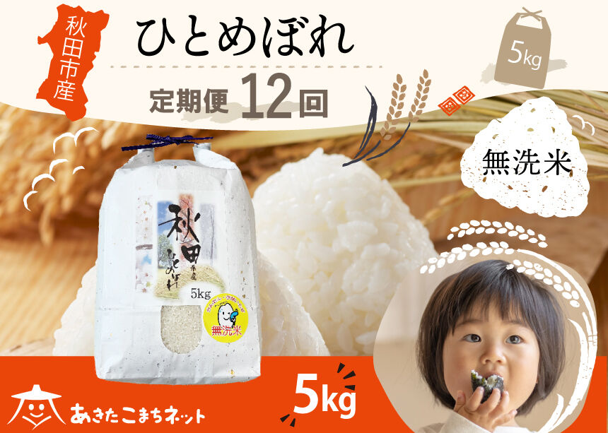 《定期便12ヶ月》ひとめぼれ 5kg 【無洗米】秋田市産 [秋田県産 ひとめぼれ お米 精米 定期便 5kg 5キロ]