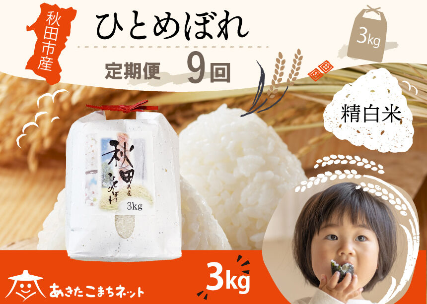《定期便9ヶ月》ひとめぼれ 3kg 【白米】 秋田市産 [秋田県産 ひとめぼれ お米 精米 定期便 3kg 3キロ]