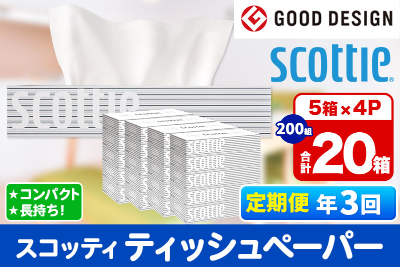 《4ヶ月ごとに3回お届け》定期便 ティッシュペーパー スコッティ 200組 20箱(5箱×4パック) ティッシュ 秋田市オリジナル【レビューキャンペーン中】