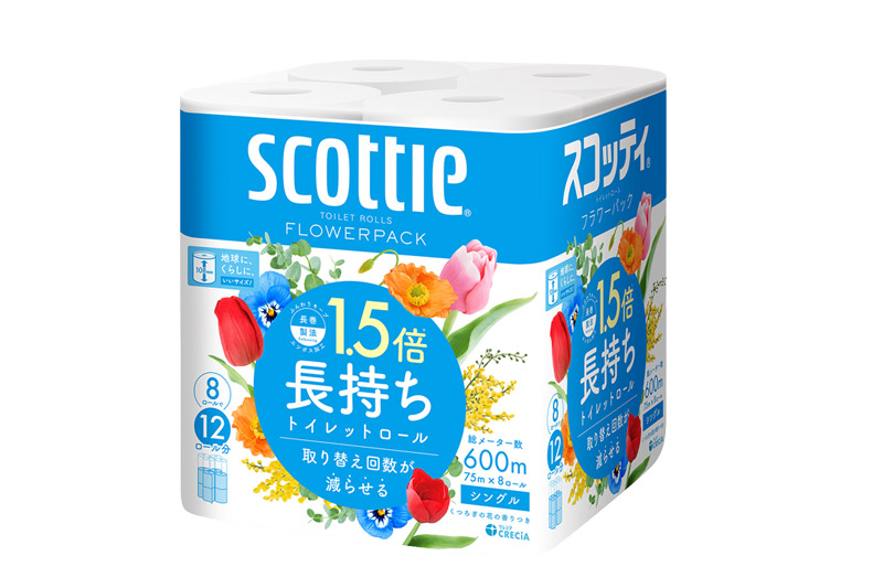 《3ヶ月ごとに4回お届け》定期便 トイレットペーパー スコッティ フラワーパック 1.5倍長持ち〈香り付〉8ロール(シングル)×8パック