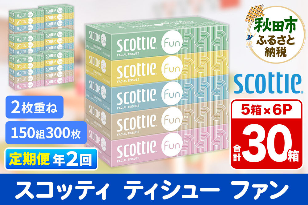 《6ヶ月ごとに2回お届け》定期便 ティッシュペーパー スコッティ ティシュー ファン 150組 5箱×6パック 秋田市オリジナル [ティッシュ ボックスティッシュ]