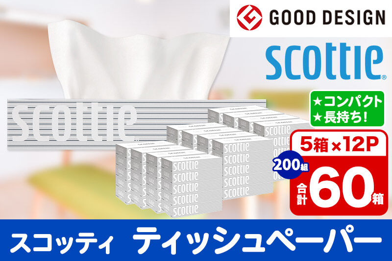 ティッシュペーパー スコッティ 200組 60箱(5箱×12パック) ティッシュ 日用品 [ティッシュ ボックスティッシュ]