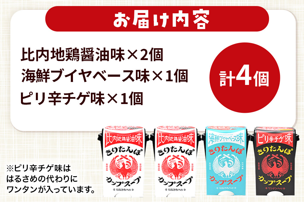 きりたんぽ カップスープ ギフトBOX（比内地鶏醤油味 108g×2、海鮮ブイヤベース味 108g×1、ピリ辛チゲ味 108g×1 計4個入）