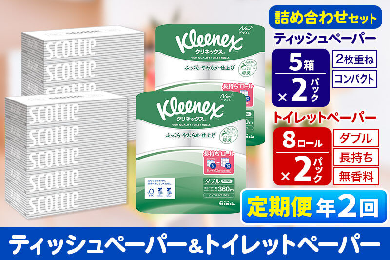 《6ヶ月ごとに2回お届け》定期便 トイレットペーパー クリネックス ダブル 長持ち 8ロール×2P ＆ ティッシュペーパー スコッティ10箱(5箱×2P) 秋田市オリジナル 新生活 [トイレットペーパー ティッシュ ボックスティッシュ 定期便 新生活]
