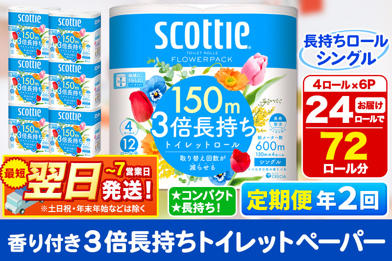 《6ヶ月ごとに2回お届け》定期便 トイレットペーパー スコッティ フラワーパック 3倍長持ち〈香り付〉4ロール(シングル)×6パック 秋田市オリジナル 最短翌日発送