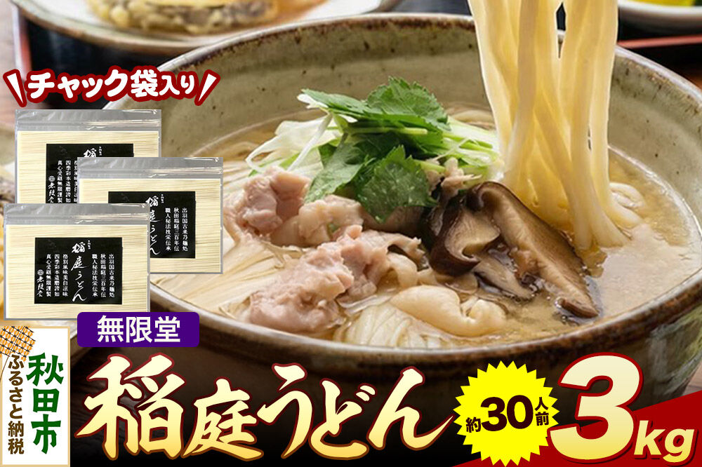 無限堂 稲庭うどん チャック袋入り 3kg（約30人前） 秋田 [細麺 細めん コシ いなにわ うどん 乾麺 干麺 干し麺 職人技 手造り]