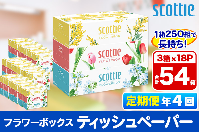 《3ヶ月ごとに4回お届け》定期便 ティッシュペーパー スコッティ フラワーボックス250組 54箱(3箱×18パック)