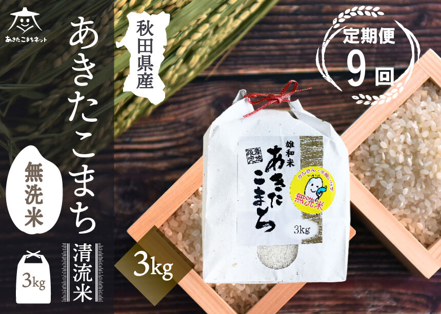 《定期便9ヶ月》あきたこまち 清流米 3kg 【無洗米】秋田市雄和産 [秋田県産 あきたこまち お米 精米 定期便 3kg 3キロ]