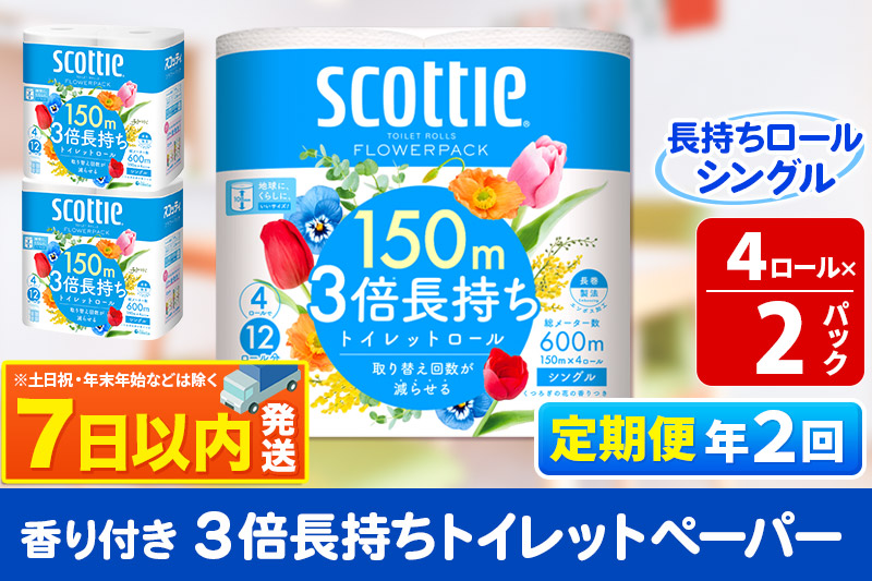 《6ヶ月ごとに2回お届け》定期便 トイレットペーパー スコッティ フラワーパック 3倍長持ち〈香り付〉4ロール(シングル)×2パック レビューキャンペーン中 秋田市オリジナル