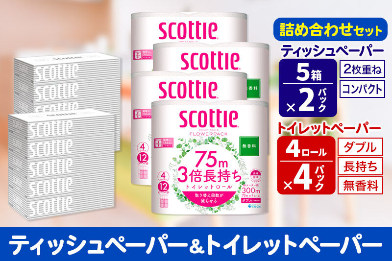 トイレットペーパー スコッティ 3倍長持ち 無香料 4ロール(ダブル)×4P ＆ ティッシュペーパー スコッティ10箱(5箱×2P) 秋田市オリジナル 新生活 [トイレットペーパー ティッシュ ボックスティッシュ 新生活]