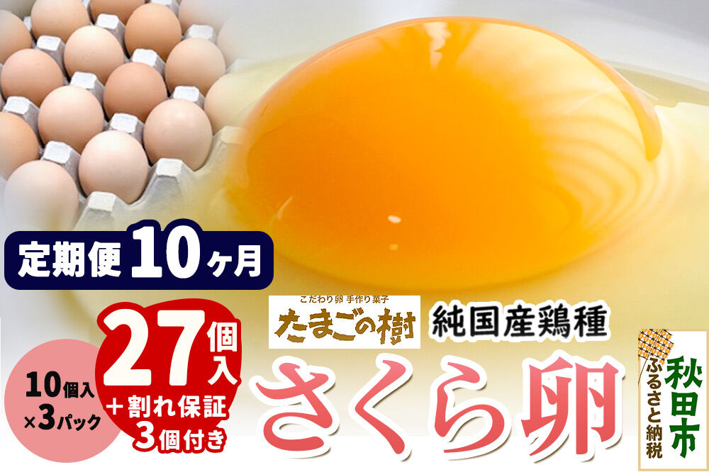 《定期便10ヶ月》 たまごの樹 純国産鶏種 卵『さくら』27個+割れ保証3個付き（10個入×3パック） [たまご タマゴ 玉子 鶏卵 まとめ買い オムレツ 卵かけご飯 朝食 料理 美味しい 瀧田養鶏場]