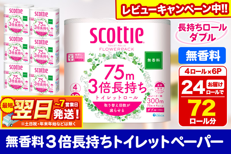 トイレットペーパー スコッティ フラワーパック 3倍長持ち〈無香料〉4ロール(ダブル)×6パック 秋田市オリジナル 最短翌日発送 【レビューキャンペーン中】