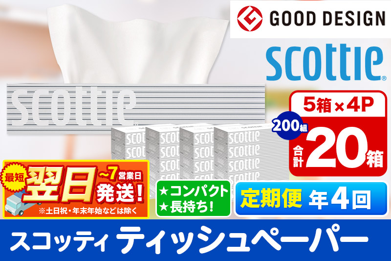 《3ヶ月ごとに4回お届け》定期便 ティッシュペーパー スコッティ 200組 20箱(5箱×4パック) ティッシュ 秋田市オリジナル【レビューキャンペーン中】