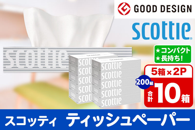 ティッシュペーパー スコッティ 200組 10箱(5箱×2パック) ティッシュ 秋田市オリジナル 新生活 [ティッシュ ボックスティッシュ 新生活]