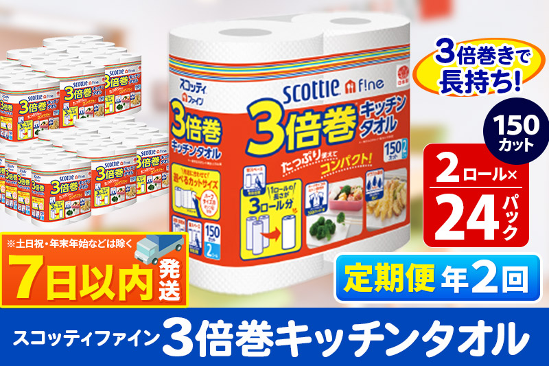 《6ヶ月ごとに2回お届け》定期便 キッチンペーパー スコッティ ファイン 3倍巻キッチンタオル 150カット 2ロール×24パック レビューキャンペーン中 7日以内発送