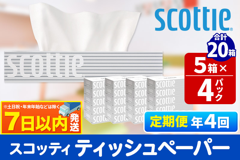 《3ヶ月ごとに4回お届け》定期便 ティッシュペーパー スコッティ 200組 20箱(5箱×4パック) ティッシュ レビューキャンペーン中 秋田市オリジナル