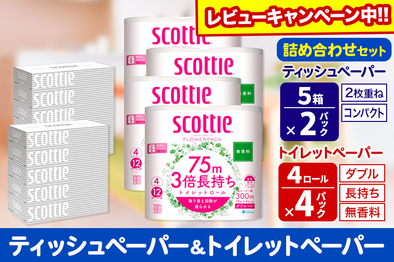 トイレットペーパー スコッティ 3倍長持ち 無香料 4ロール(ダブル)×4P ＆ ティッシュペーパー スコッティ10箱(5箱×2P) 秋田市オリジナル【レビューキャンペーン中】