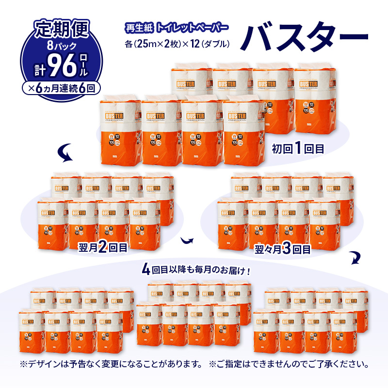 【6ヵ月 連続 定期便】トイレットペーパー バスター 12R ダブル （25ｍ×2枚）×8パック 96個 ×6回 日用品 消耗品 114mm 柔らかい 無香料 芯 大容量 トイレット トイレ といれっとペーパー ふるさと 納税