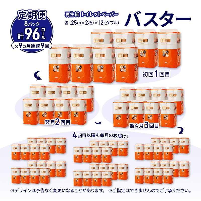 【9ヵ月 連続 定期便】トイレットペーパー バスター 12R ダブル （25ｍ×2枚）×8パック 96個 ×9回 日用品 消耗品 114mm 柔らかい 無香料 芯 大容量 トイレット トイレ といれっとペーパー ふるさと 納税