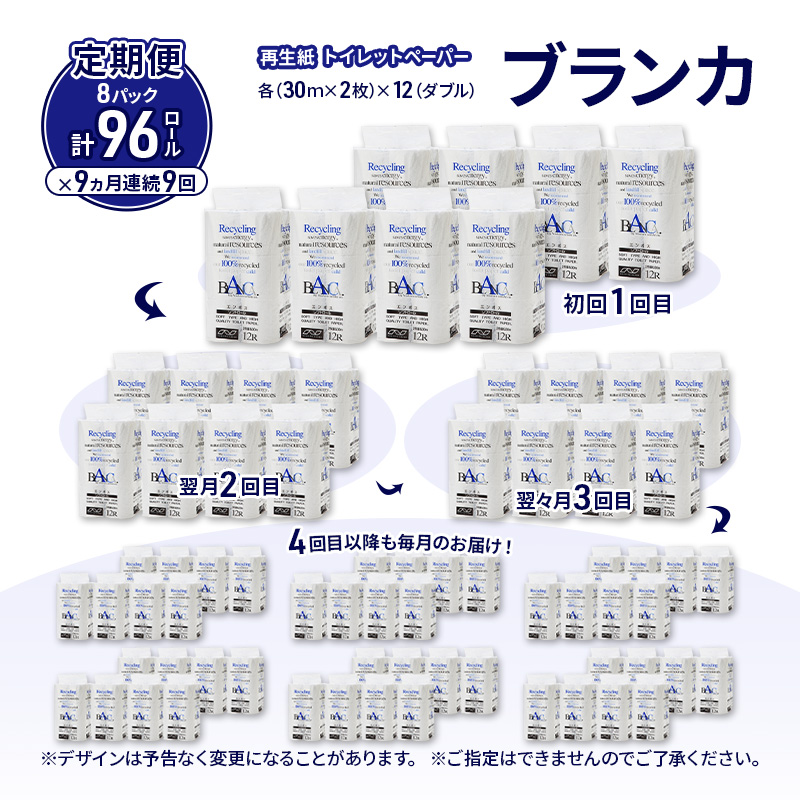 【9ヵ月 連続 定期便】トイレットペーパー ブランカ 12R ダブル （30ｍ×2枚）×8パック 96個 ×9回 日用品 消耗品 114mm 柔らかい 無香料 芯 大容量 トイレット トイレ といれっとペーパー ふるさと 納税