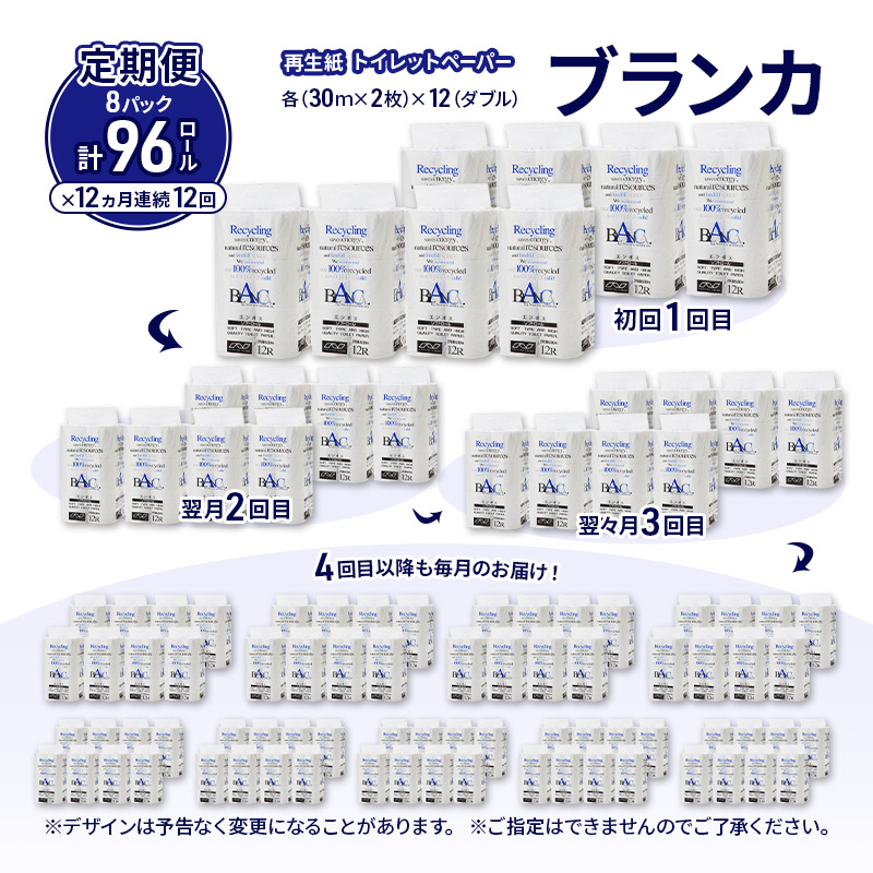 【12ヵ月 連続 定期便】トイレットペーパー ブランカ 12R ダブル （30ｍ×2枚）×8パック 96個 ×12回 日用品 消耗品 114mm 柔らかい 無香料 芯 大容量 トイレット トイレ といれっとペーパー ふるさと 納税