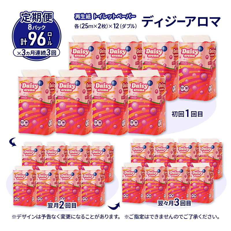 【3ヵ月 連続 定期便】トイレットペーパー ディジーアロマ 12R ダブル （25ｍ×2枚）×8パック 96個 ×3回  日用品 消耗品 114mm ほのかな 香り 微香 芯 大容量 トイレット トイレ ふるさと 納税 