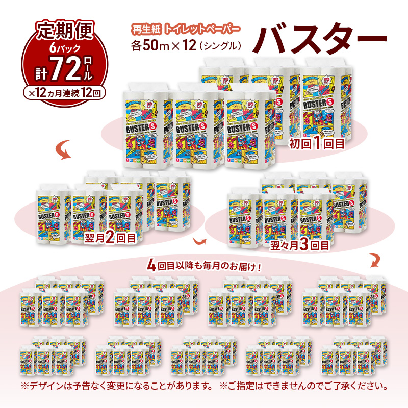 【12ヵ月 連続 定期便】トイレットペーパー バスター 12R シングル 50ｍ ×6パック 72個 ×12回 日用品 消耗品 114mm 柔らかい 無香料 芯 大容量 トイレット トイレ といれっとペーパー ふるさと 納税 