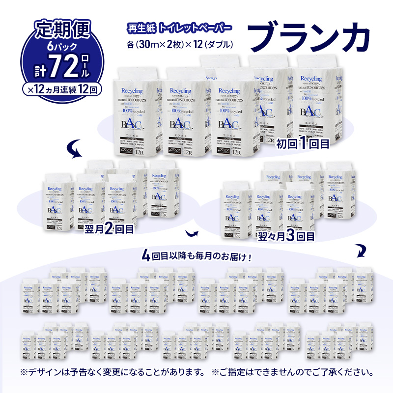 【12ヵ月 連続 定期便】トイレットペーパー ブランカ 12R ダブル （30ｍ×2枚）×6パック 72個 ×12回 日用品 消耗品 114mm 柔らかい 無香料 芯 大容量 トイレット トイレ といれっとペーパー ふるさと 納税 