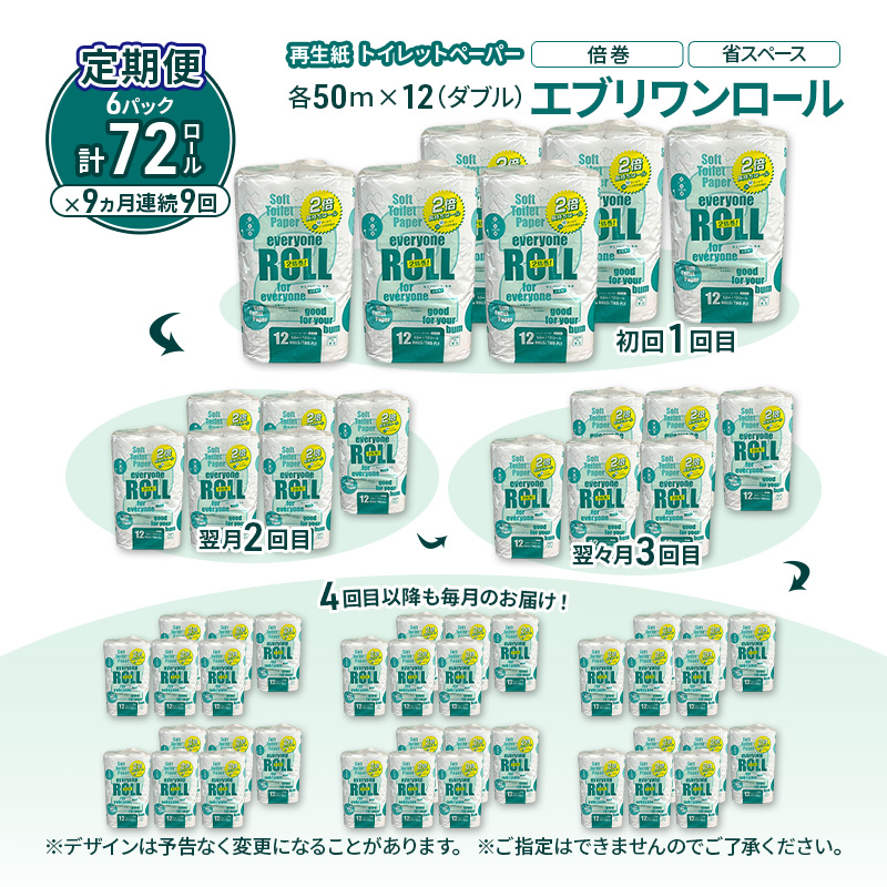 【9ヵ月 連続 定期便】トイレットペーパー エブリワン2倍巻ロール 12ロール×6パック 計72個 ×9回 ダブル 50m 倍巻 省スペース 日用品 消耗品 防災 備蓄 無香料 香料不使用 たっぷり使える リサイクル