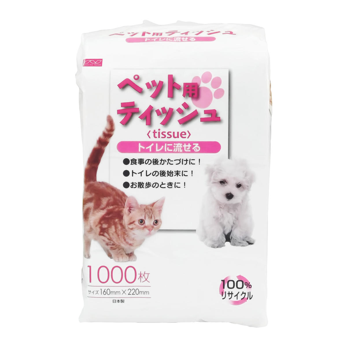 能代製紙 ペット用ティッシュ 1000枚 ×4パック　4000枚 国産 日本製 日用品 消耗品 紙 ペット 犬 猫 お散歩トイレに流せる 漂白剤不使用 再生紙 リサイクル エコ コスパ