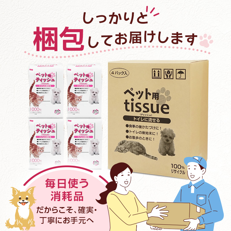 能代製紙 ペット用ティッシュ 1000枚 ×4パック　4000枚 国産 日本製 日用品 消耗品 紙 ペット 犬 猫 お散歩トイレに流せる 漂白剤不使用 再生紙 リサイクル エコ コスパ