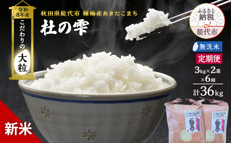 新米 先行予約 令和8年産 定期便 [無洗米]秋田県産 あきたこまち 6kg(3kg×2) 全6 回 毎月お届け「杜の雫」こだわりの大粒 種梅産【お米 たねうめ 無洗米 精米 ご飯 ブランド米 大粒 おにぎり 産地直送 おこめ ごはん】