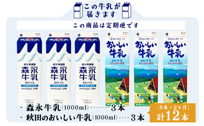 【定期便2ヶ月】森永1000mlと秋田のおいしい牛乳1000ml 6本セット（各3本） 90P7805