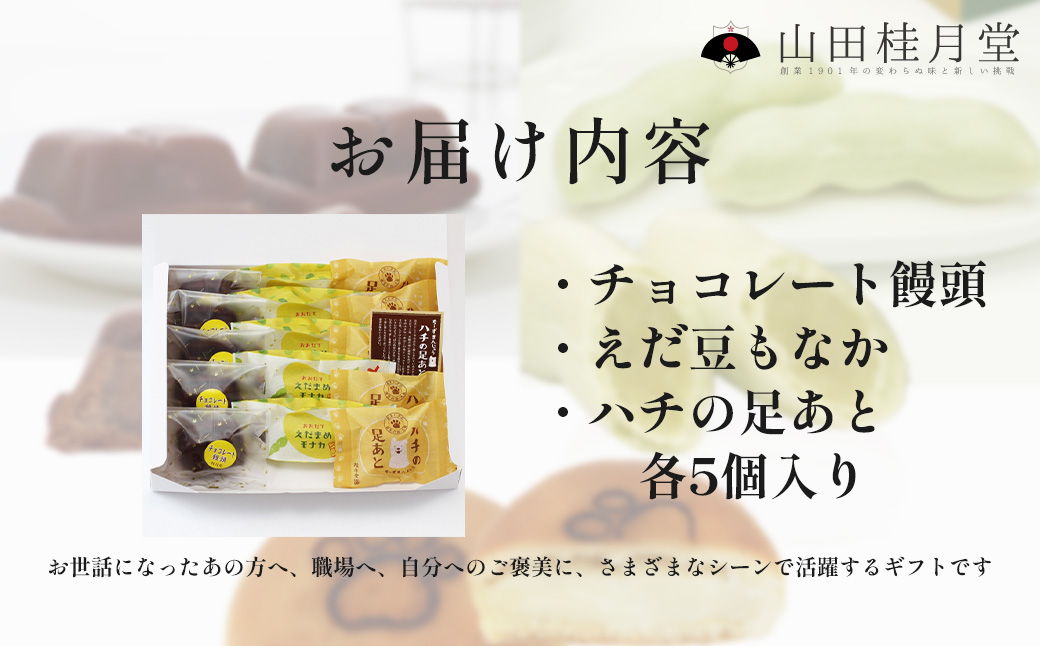 ＜山田桂月堂＞詰合せ3種セット（ハチの足あと・えだ豆もなか・チョコレート饅頭）　各5個入り 【55P5609】