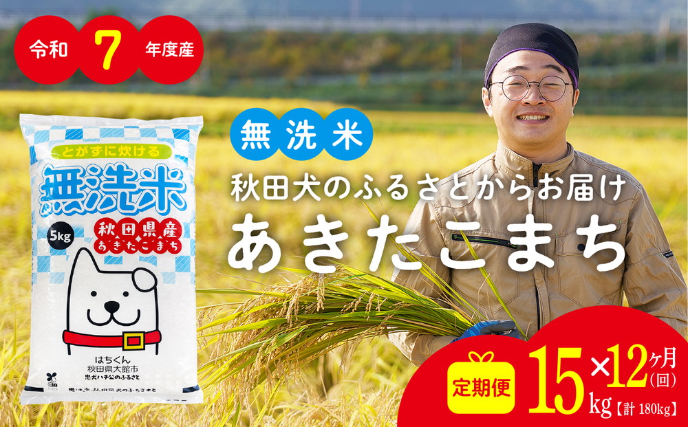 【定期便12ヶ月】令和7年産 秋田県産米「あきたこまち（無洗米）」 15kg（5kg×3袋）【真正ファーム】
