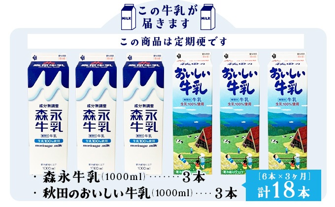 【定期便3ヶ月】森永1000mlと秋田のおいしい牛乳1000ml 6本セット（各3本） 135P7803