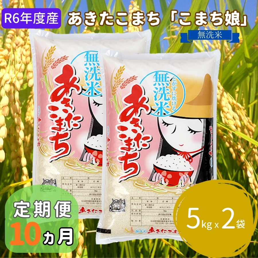 米 定期便 R6年度産  『こまち娘』 あきたこまち 無洗米 5kg × 2袋 10ヶ月連続発送（合計100kg）吉運商店 秋田県 男鹿市 お米 お弁当 おにぎり