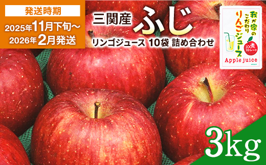 【2025年11月下旬〜2026年2月発送】三関産 りんご 3kg (サンふじ)＋ りんごジュース 10袋 詰め合わせ 三関 濃厚 で ジューシー な ふじりんご と 100% 無添加 ジュース セット ふるさと納税 りんご 旬 果物 フルーツ 秋田県【三関ゆめ蔵ぶ直売所】[B3-2607]