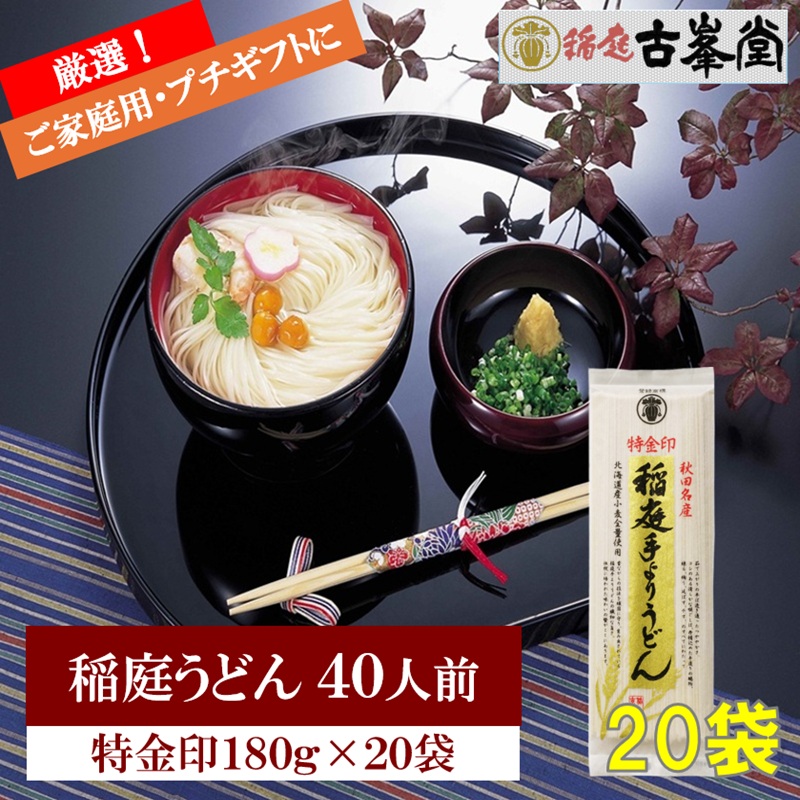 稲庭うどん 特金印 180g×20袋 40人前【株式会社稲庭古峯堂】[H2-1001]
