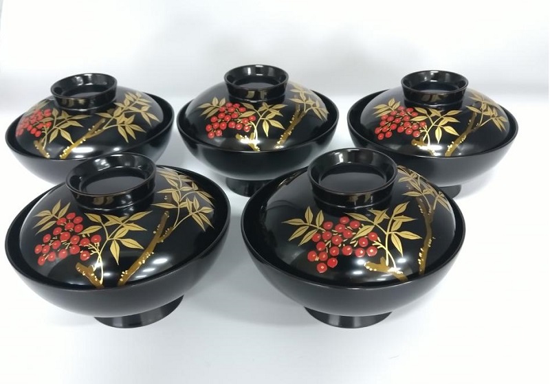 川連漆器 4.2古代型吸物椀 南天 5客揃え【井上漆器店】[F5902]