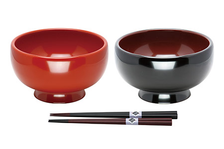 川連漆器 夫婦稲庭うどん椀 箸付【阿部健吉商店】[D5301]