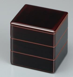 川連漆器 5寸角三段重 溜内古代朱【阿部健吉商店】[I5301]